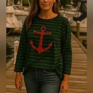 Lands' End green and blue Striped Anchor Sweater
